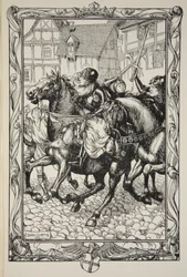 Rushed Upon the Astonished Throng, ilustracja z „Historii króla Artura i okrągłego stołu” Beatrice Clay, wydanie 1, 1905